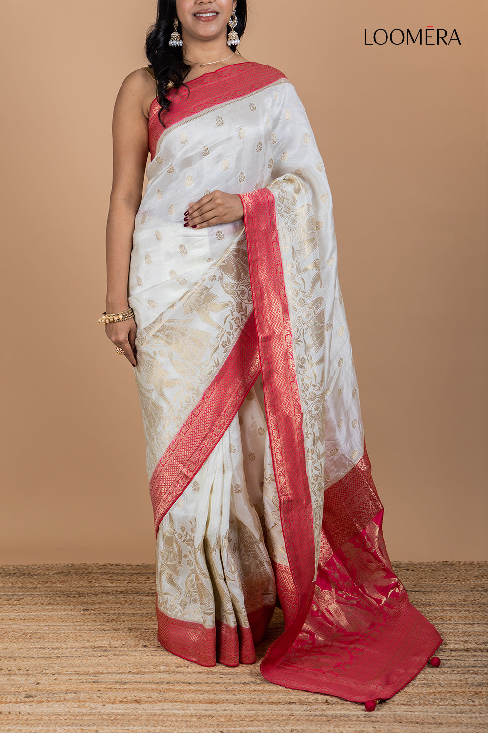 White Dola Silk Saree with Red Zari Border