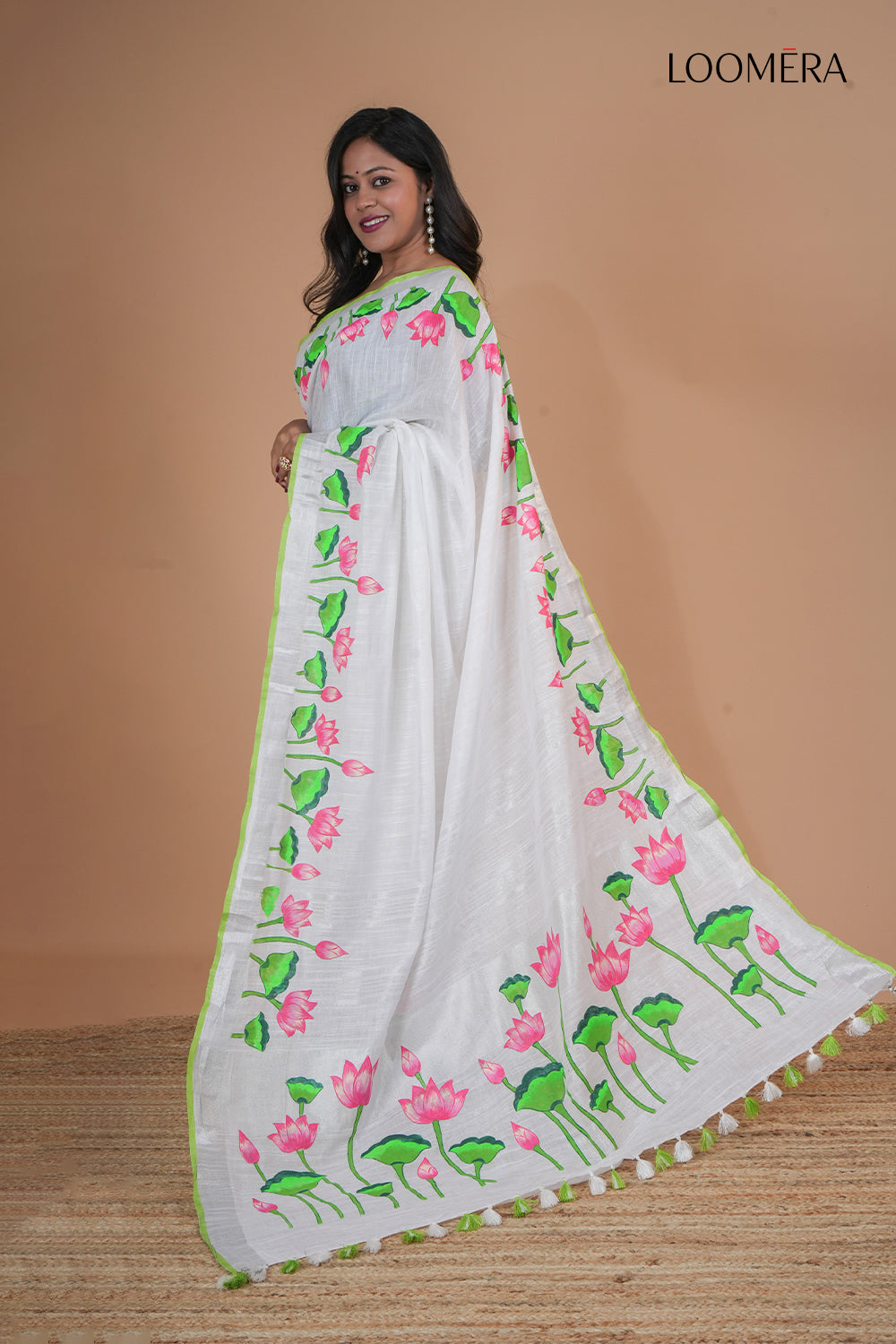 White Hand Painted Saree with Zari Borders