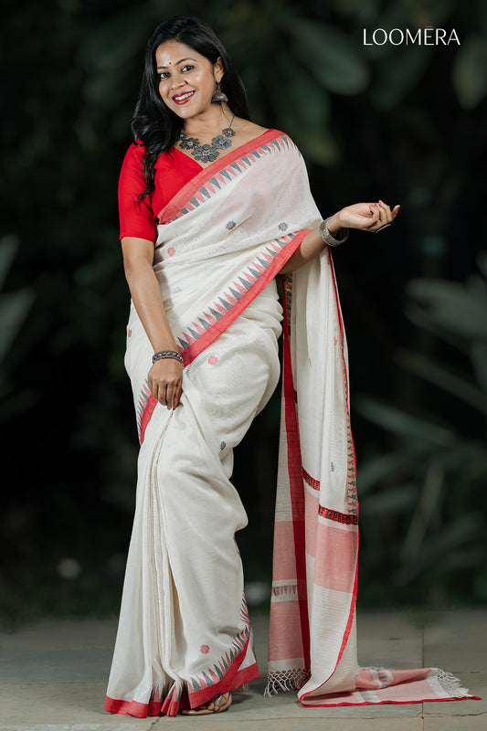  White Handloom Saree With Red Border