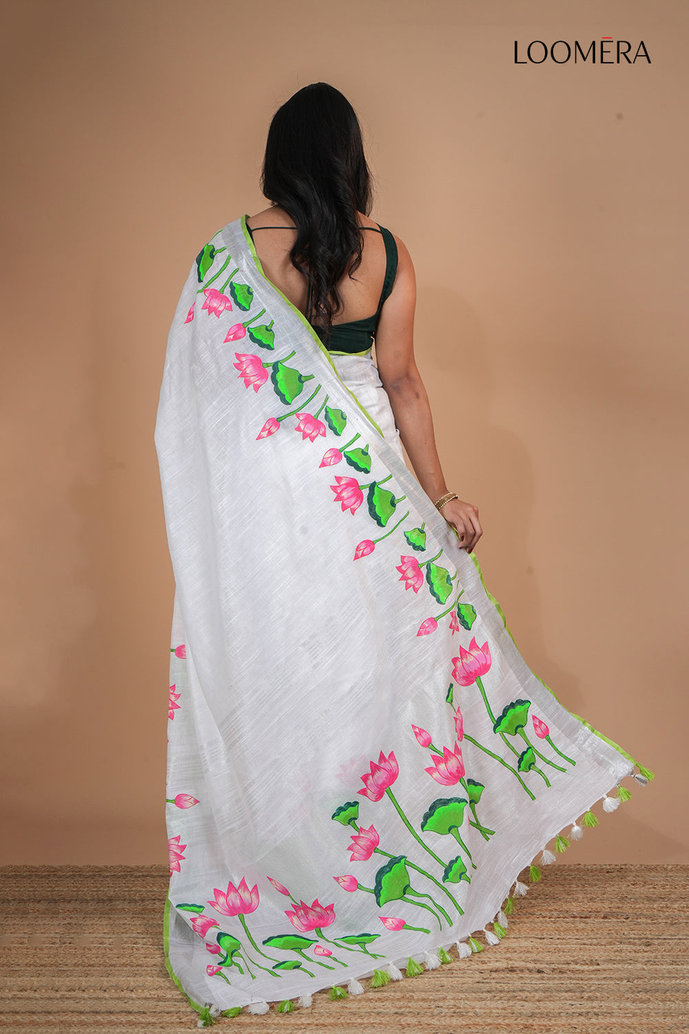 White Linen Saree with Silver Zari Borders