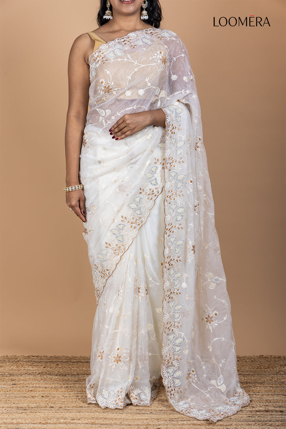 White Organza Saree with Stone Embellishments