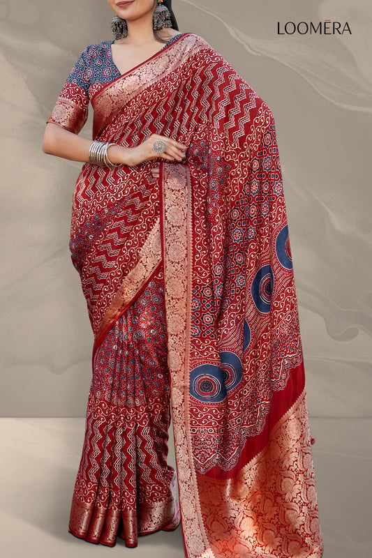 Wine Red Ajrakh Printed Viscose Saree