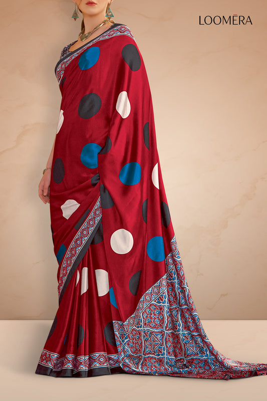 Wine Red Saree with Big Polka Prints