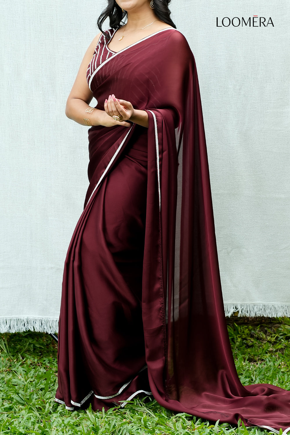 Wine Red Satin Saree
