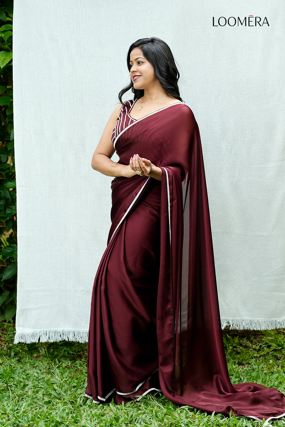 Wine Red Satin Silk Saree