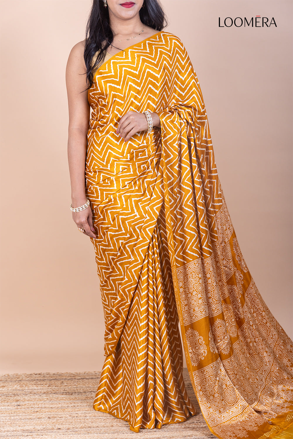 Yellow Ajrakh Modal Silk Saree