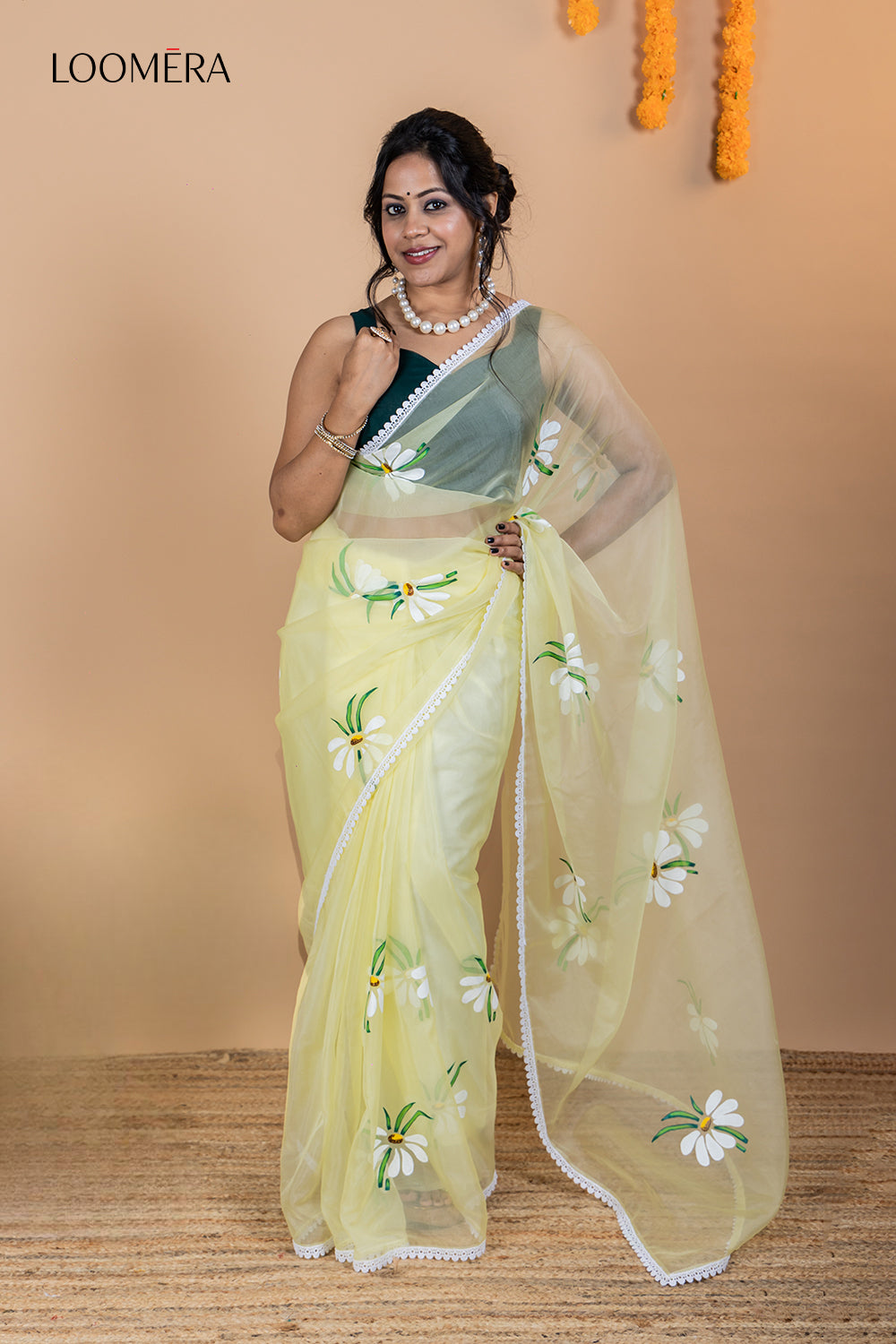 Yellow Floral Handpainted Organza Saree