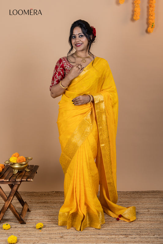 Yellow Viscose Silk Saree