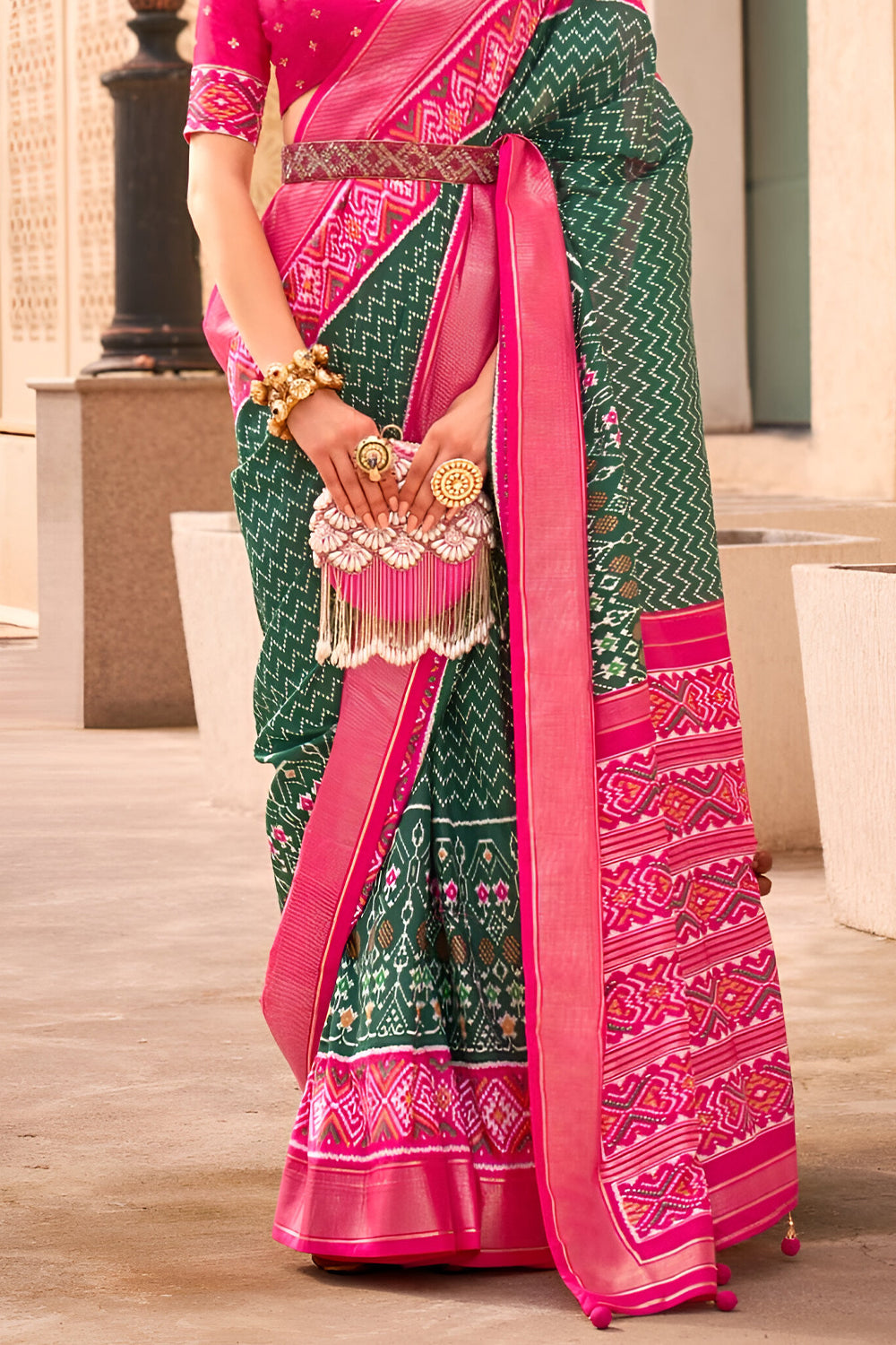 Zari Work Printed Patola Saree in Green and Pink